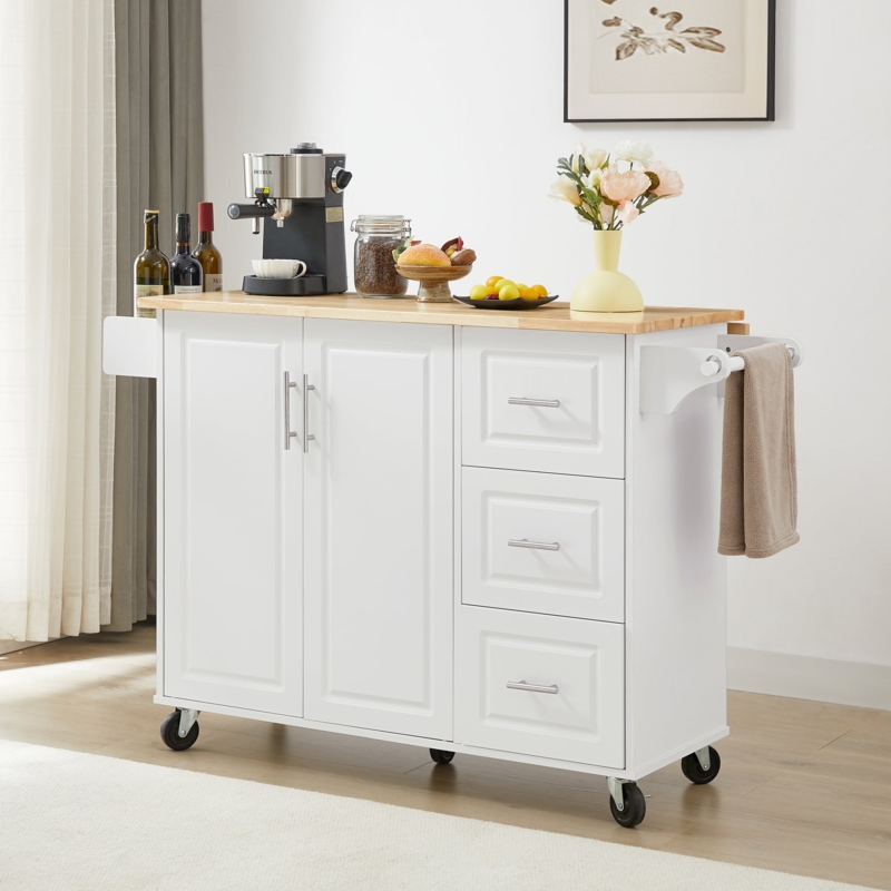 Black Rolling Kitchen Island, Butcher Block Look With Drop-Leaf