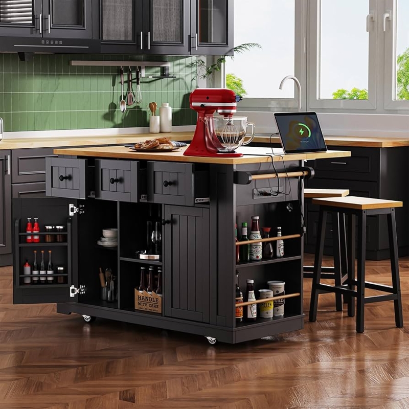 Black Rolling Kitchen Island with Multi-Drawer Storage & Power Outlets