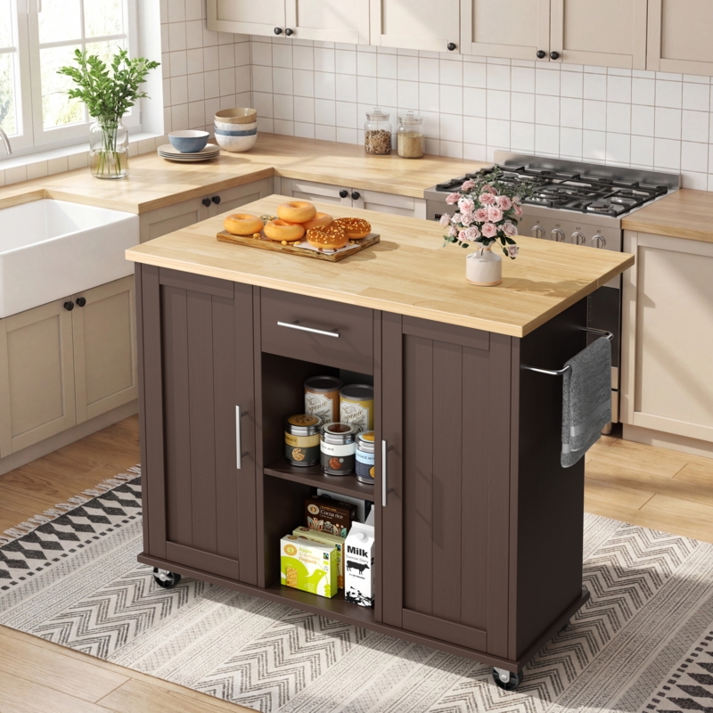 Black Rolling Kitchen Island Wood Drop Leaf Open Side Shelves