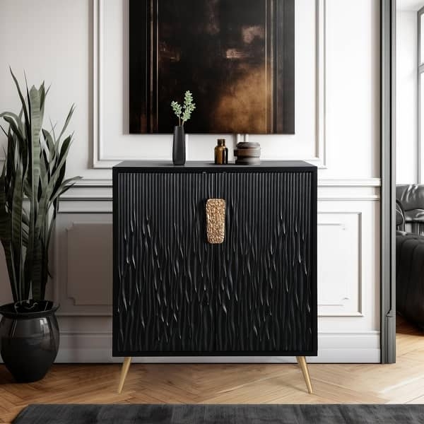 Black Sideboard Textured Scale Front Gold Legs Modern Glam Style