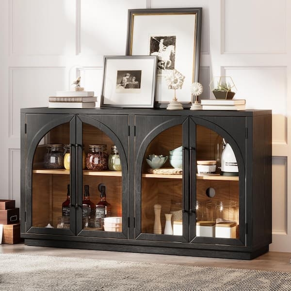 Black Sideboard with Glass Doors & Wood-Toned Interior