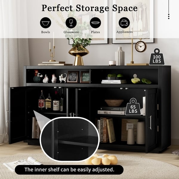 Black Sideboard with Slatted Sliding Doors and Tapered Legs