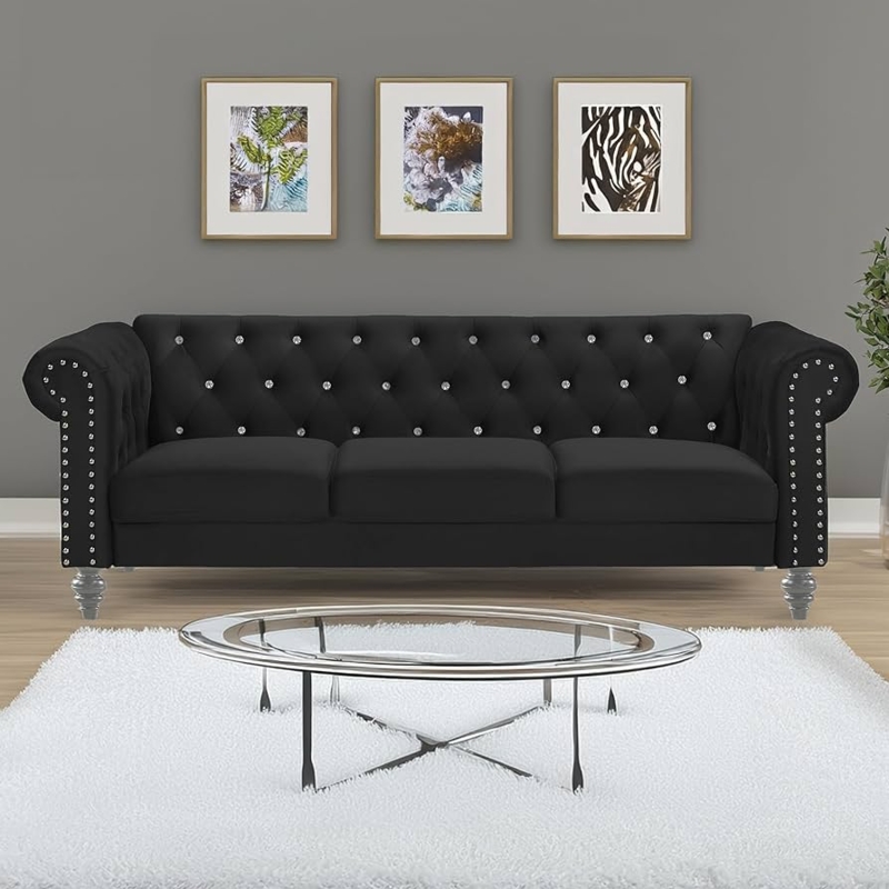 Black Velvet Chesterfield Sofa with Crystal Button Tufting
