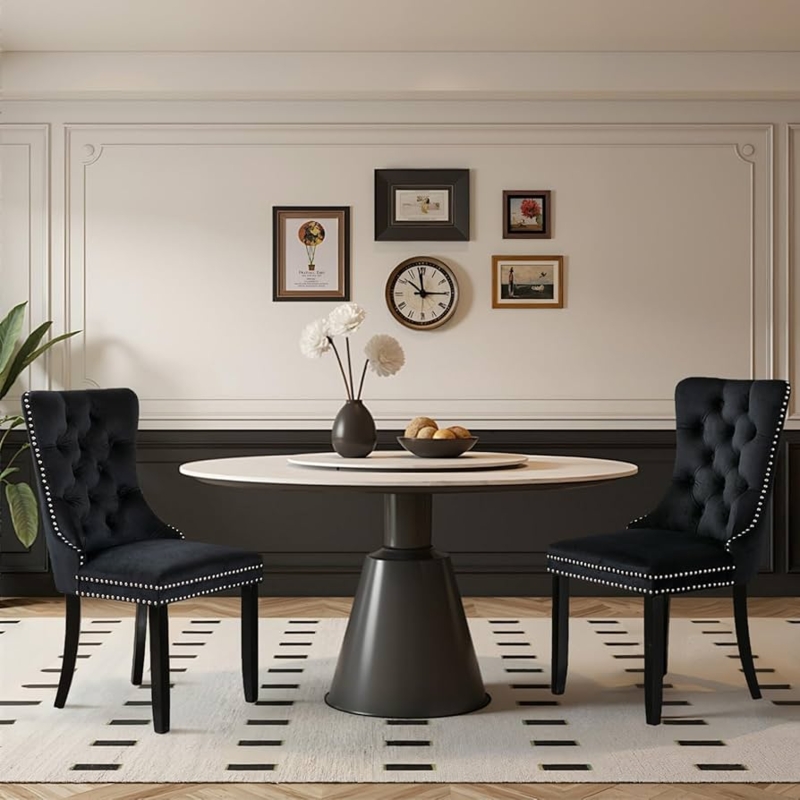 Black Velvet Dining Chairs with Diamond Quilting and Rear Pull Ring