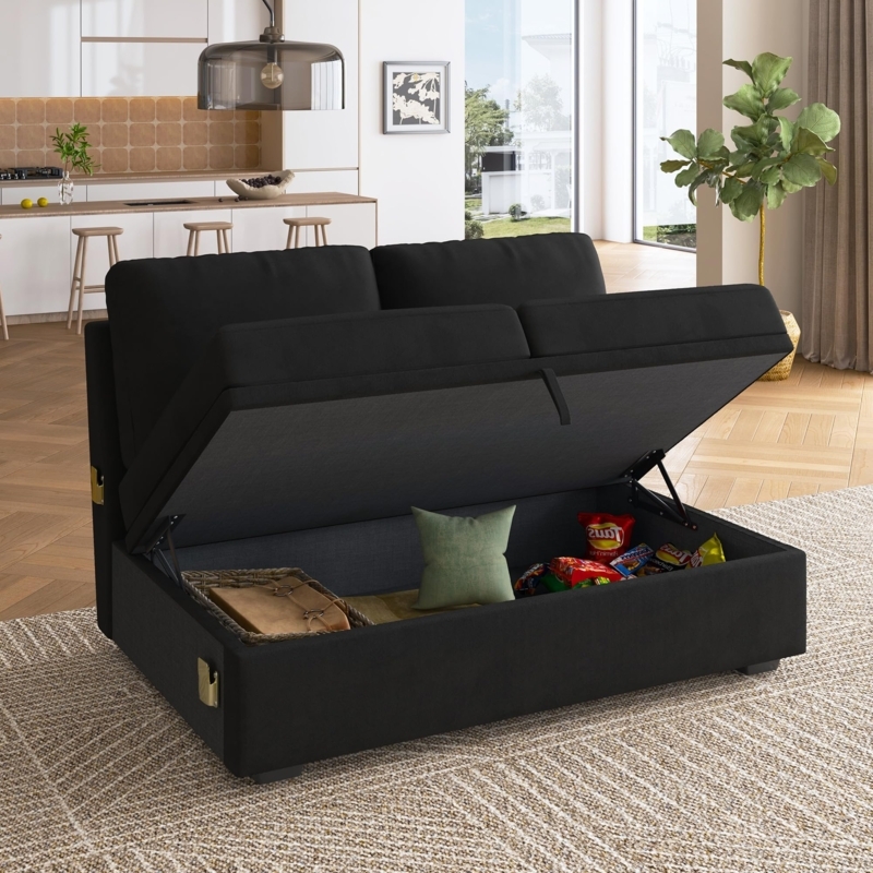 Black Velvet Sleeper Sofa with Pull Out Bed for Small Space Layout