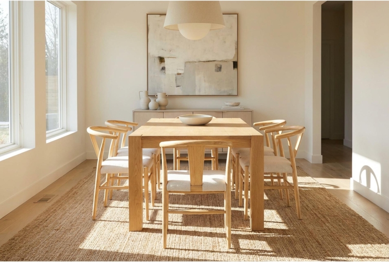 Black Wishbone Chairs with Natural Woven Seats at Round Wood Table.