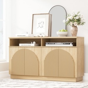 Blonde Wood Buffet with Arched Doors and Fluted Details, Scandi Style