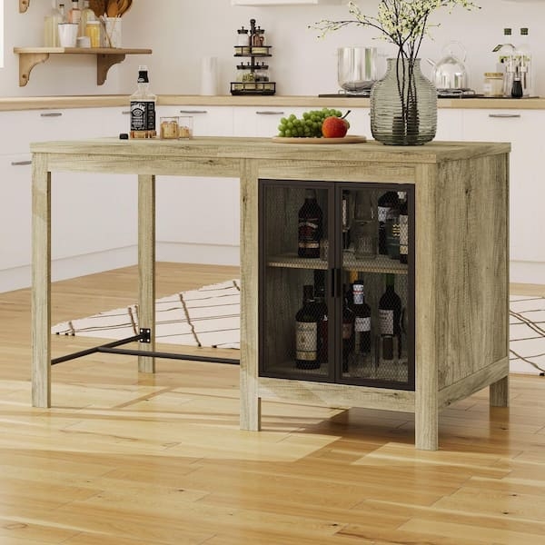 Blonde Wood Dining Table with Storage Base and Mesh Doors