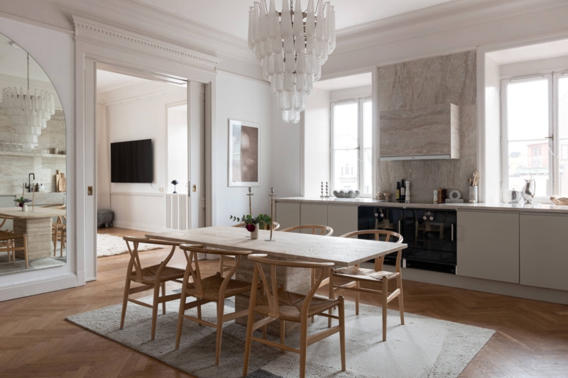 Blonde Wood Wishbone Dining Chairs in Monochromatic Scandi Dining Room.