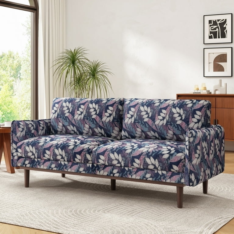 Blue and White Botanical Loveseat with Track Arms and Dark Wood Legs
