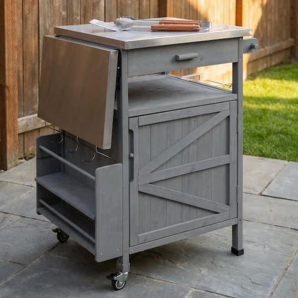 Blue Gray Rolling Kitchen Island With Storage And Stainless Steel Top
