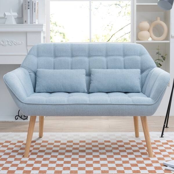 Blue Linen Texture Loveseat with Flared Arms, Compact Apartment Sofa