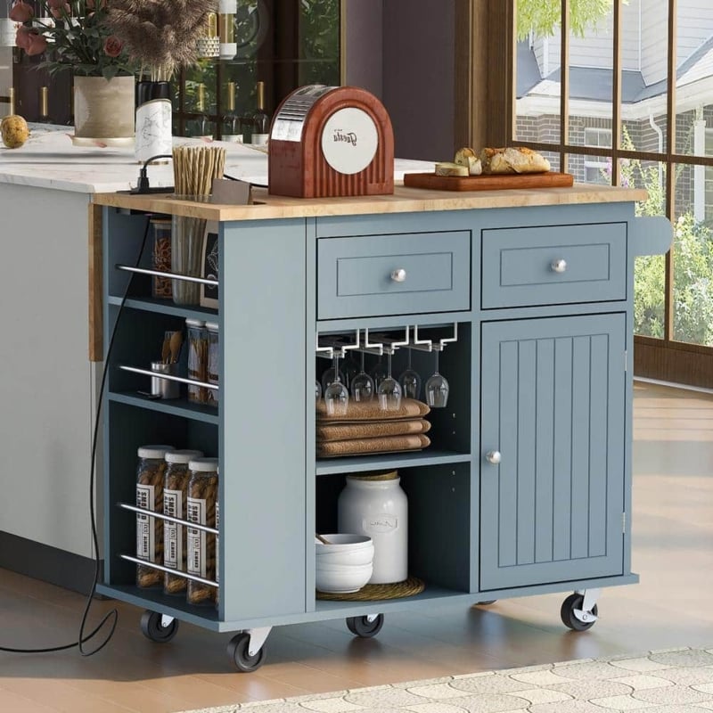 Blue Mobile Kitchen Island with Five Wheels and Wine Rack