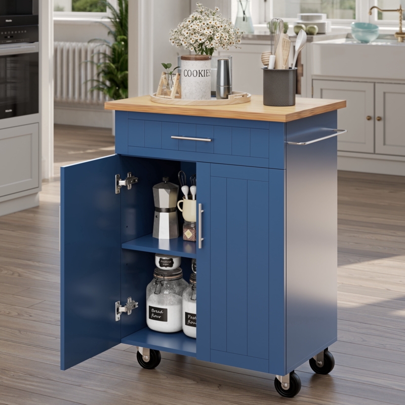 Blue Rolling Kitchen Cart with Drawer and Cabinet Storage
