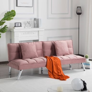 Blush Pink Velvet Convertible Loveseat with Gold-Tipped Tapered Legs