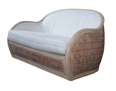 Bohemian Rattan Barrel Back Loveseat with Split Reed Details and Cushions