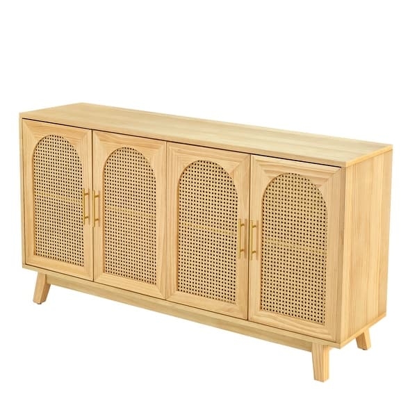 Bohemian Sideboard in Natural Wood with Rattan Doors and Black Handles