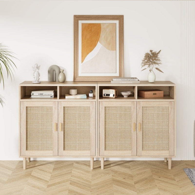 Boho Buffet Cabinet with Woven Rattan Door Panels