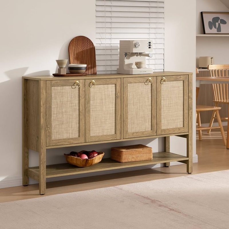 Boho Chic Black Sideboard with Rattan Door Inserts and Open Shelf