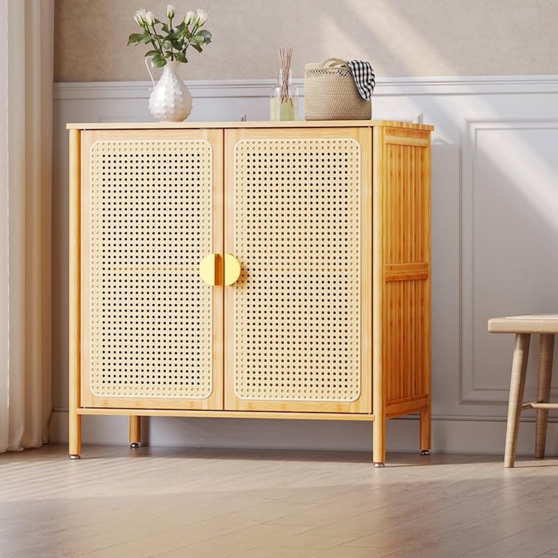 Boho Natural Wood Buffet Cabinet with Woven Rattan Door Panels