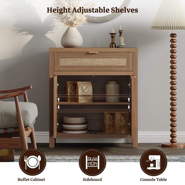 Boho Rattan Storage Cabinet Set with Oak Finish and Woven Panels