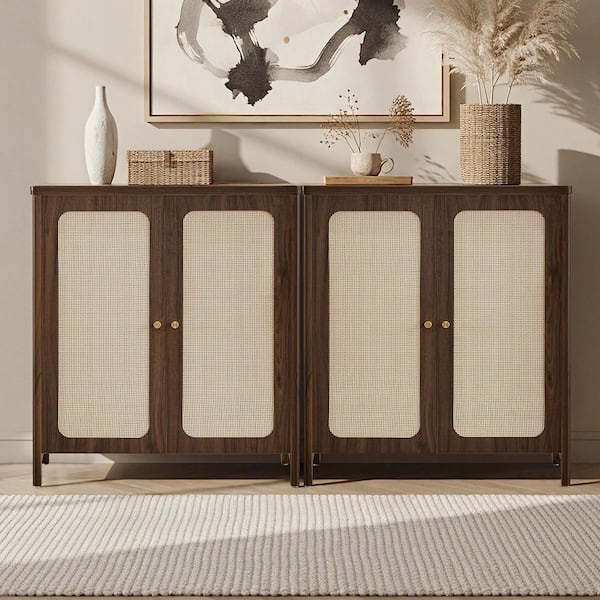 Boho Walnut Sideboard Storage Pair with Rattan Inserts