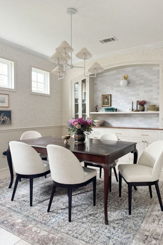 Botanical Wallpaper Dining Room with Round Wood Table