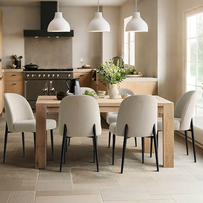 Boucle Dining Chairs with Open Back and Splayed Metal Legs