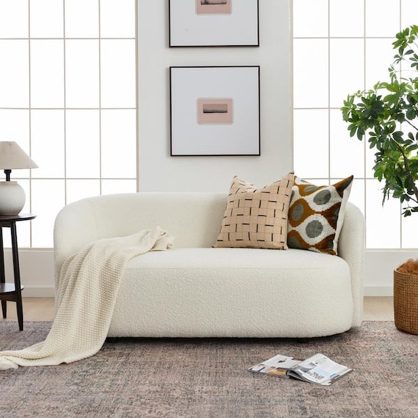 Boucle Loveseat with Bolster Pillows, Minimalist Neutral Seating Corner