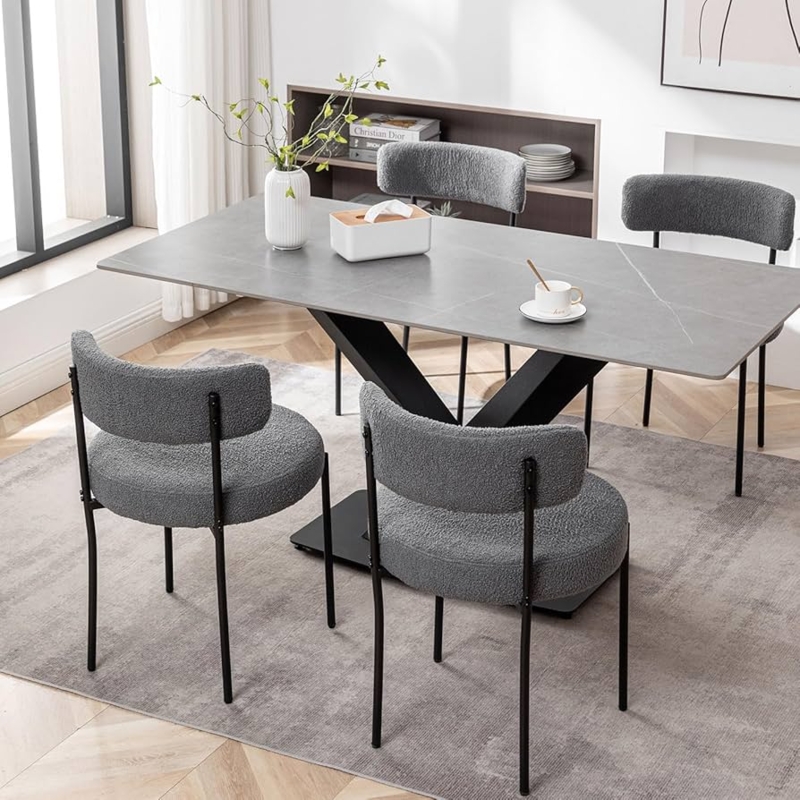 Boucle Upholstered Dining Chairs with Black Metal Legs Set of 4