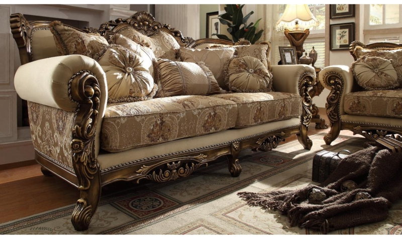 Brown Chenille Sofa with Intricate Wood Crown