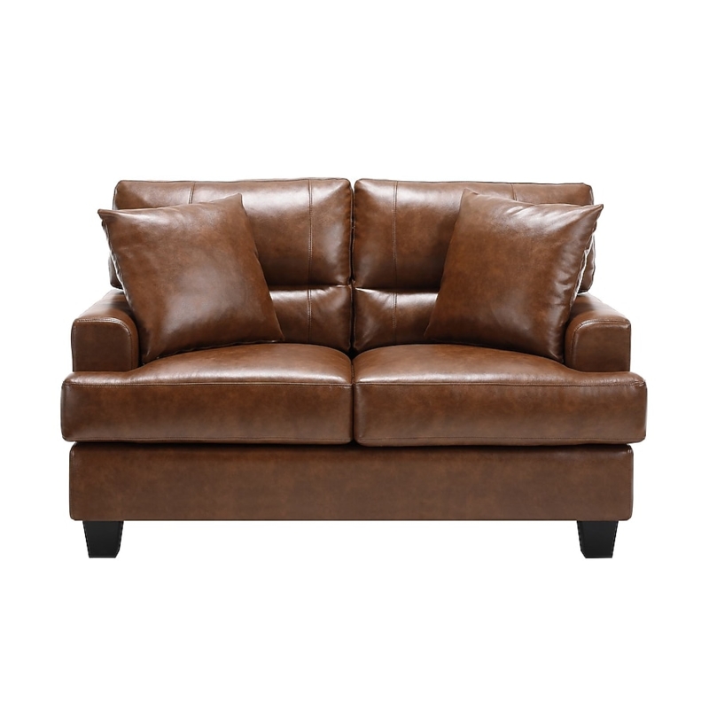 Brown Faux Leather Button Tufted Loveseat with Pillows