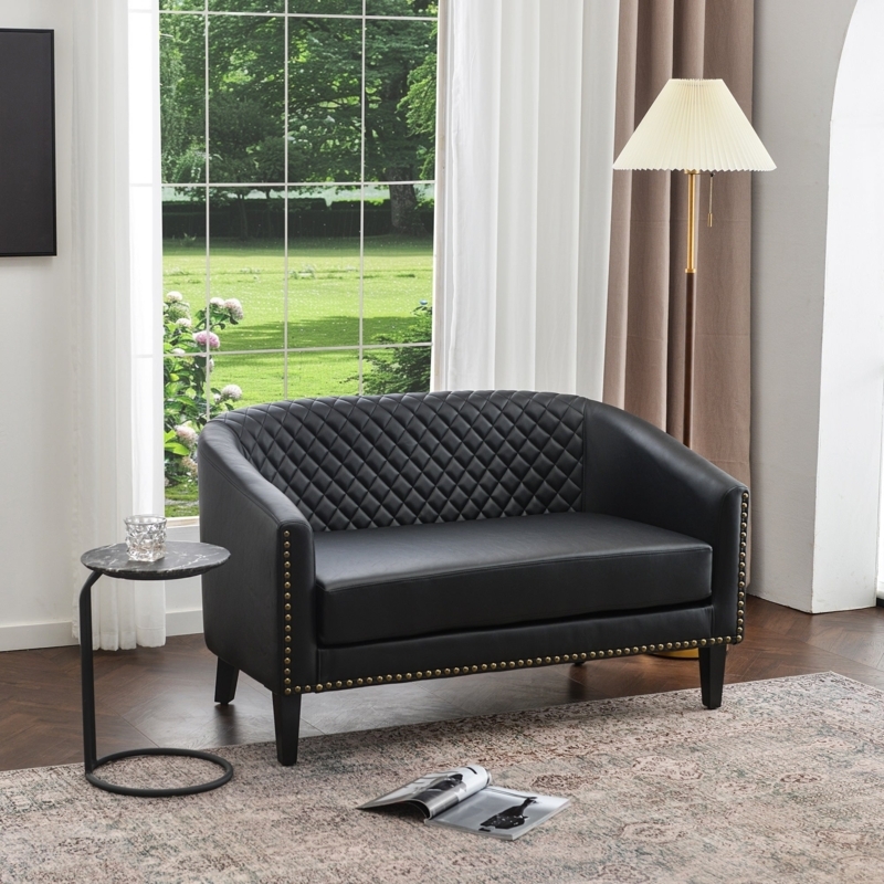 Brown Faux Leather Loveseat with Button Tufting and Splayed Legs