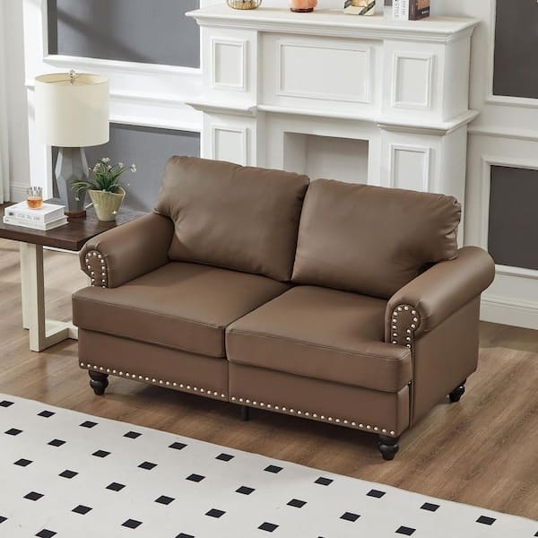 Brown Leather-Like Loveseat with Button Tufting and Rolled Arms