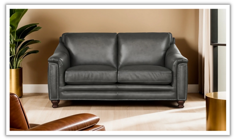 Brown Leather-Like Loveseat with Track Arms and Nailhead Trim