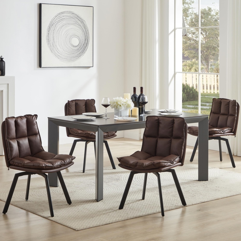 Brown Splayed Leg Dining Chairs, Mid-Century Swivel Faux Leather