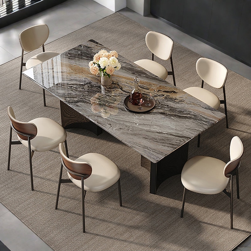 Brown Stone Pedestal Dining Set with High-Back Cream Chairs