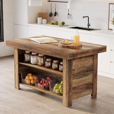Brown Wood Kitchen Cart Natural Top Slatted Shelves Casters