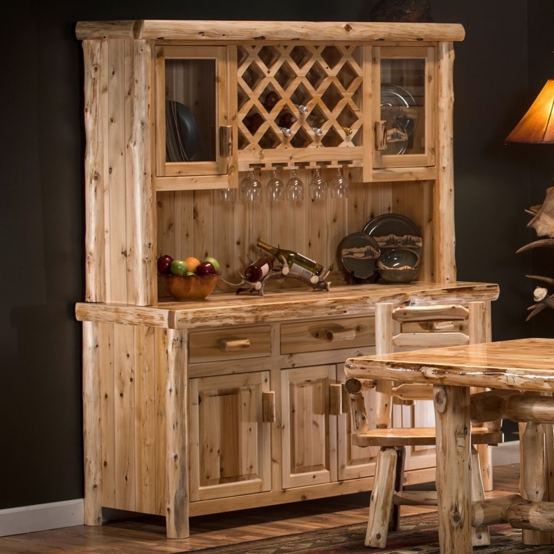 Buffet and Hutch, Rustic Log Posts, Natural Wood, Glass Doors