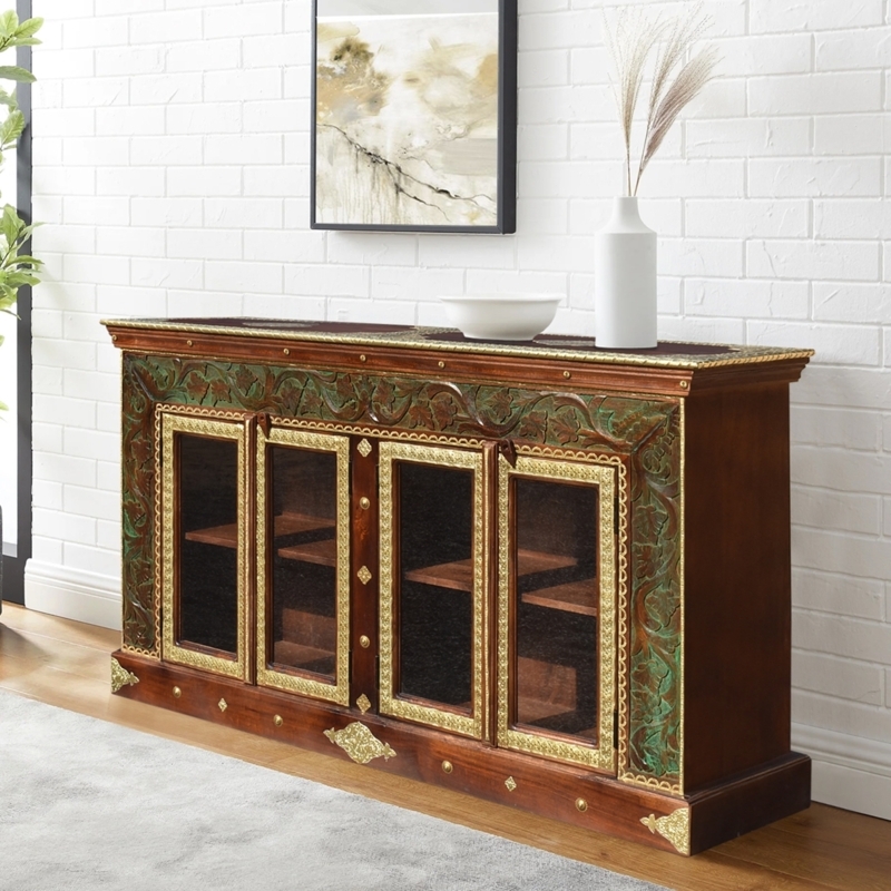 Buffet Cabinet Brass Floral Inlay Glass Front Traditional Storage