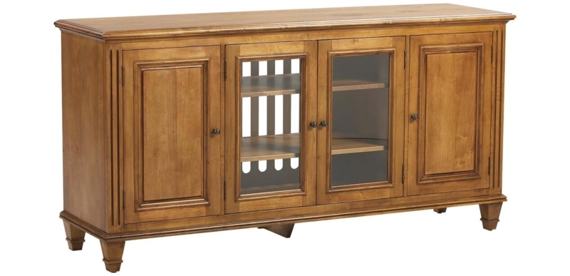 Buffet Cabinet Dark Wood Geometric Latticework Overlay Glass Doors