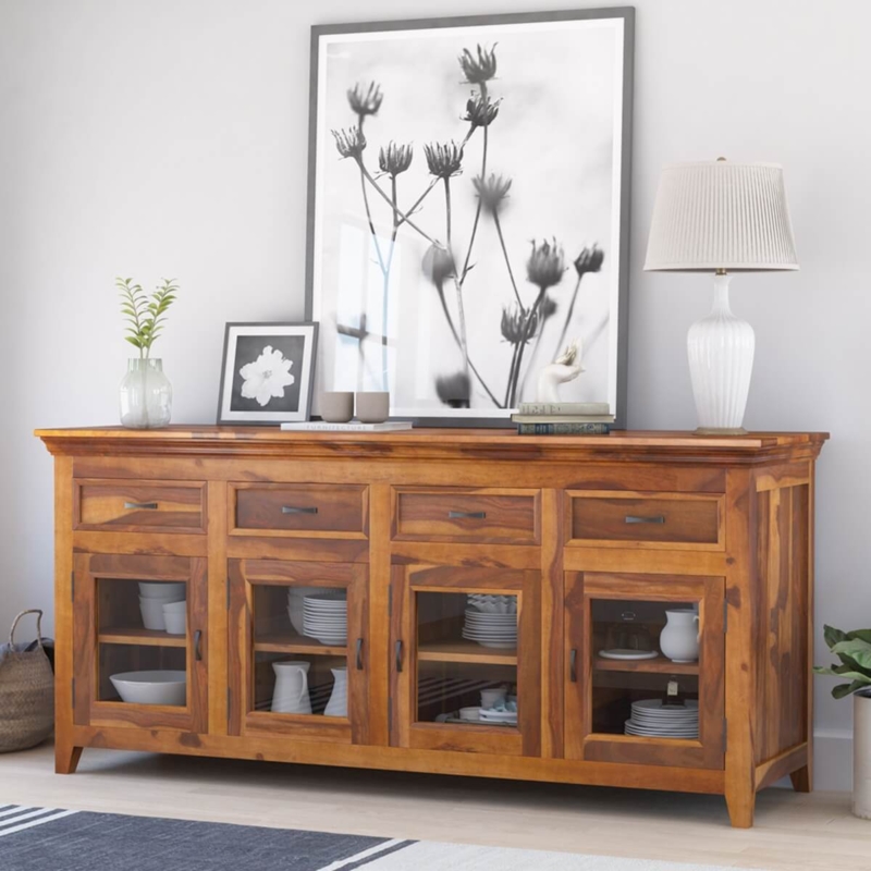 Buffet Cabinet Dark Wood Paned Glass Doors Ring Pulls Traditional