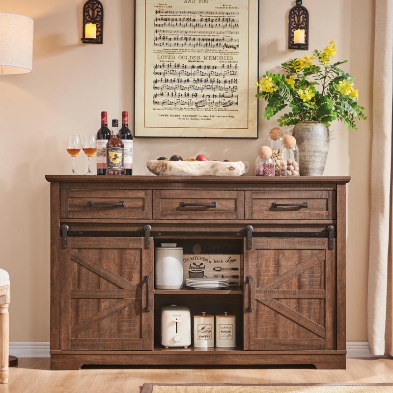 Buffet Cabinet Farmhouse Buffet With Sliding Door and Metal Track