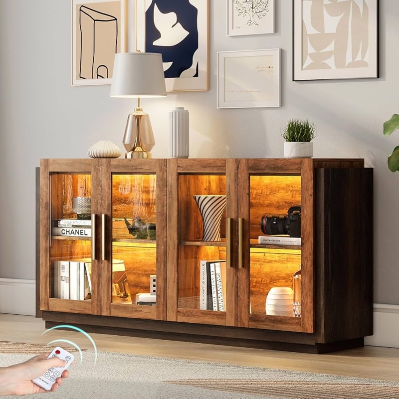 Buffet Cabinet featuring Glass Doors in Urban Rustic Distressed Style.