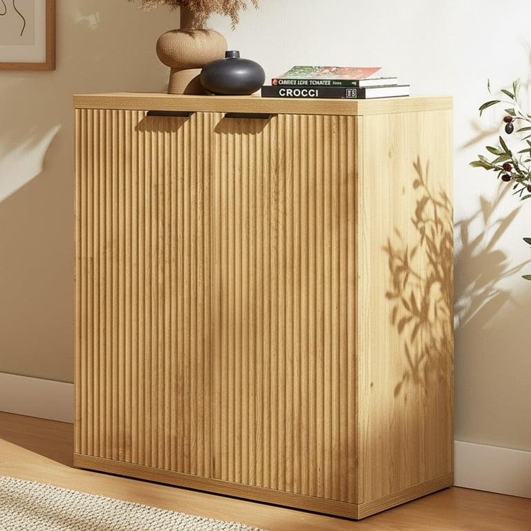 Buffet Cabinet Fluted Wood Panels with Gold Semi-Circular Pulls