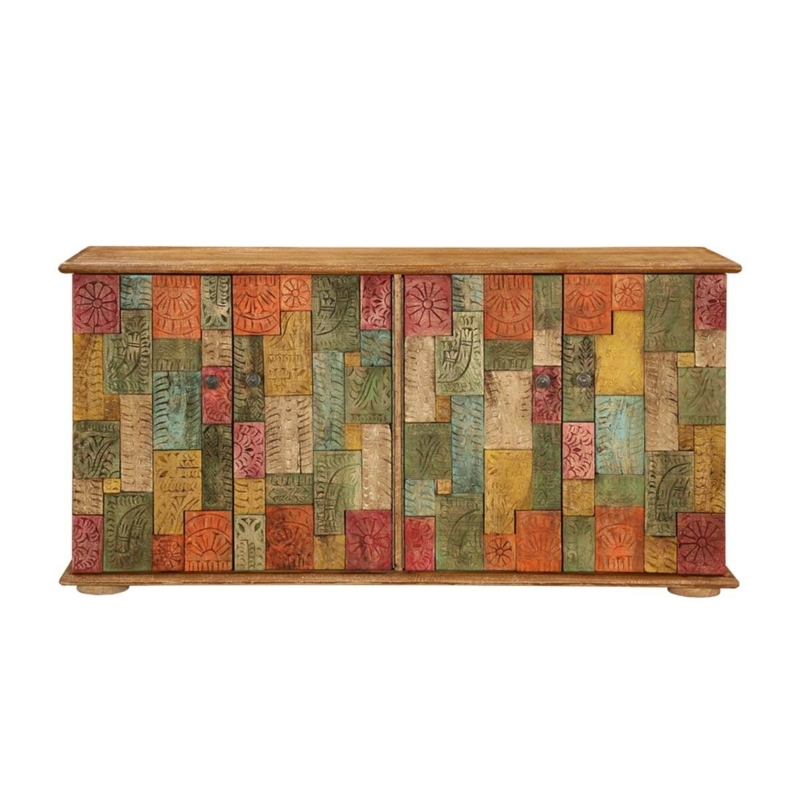 Buffet Cabinet Hand Carved Floral Panels Tiled Look Rustic Wood