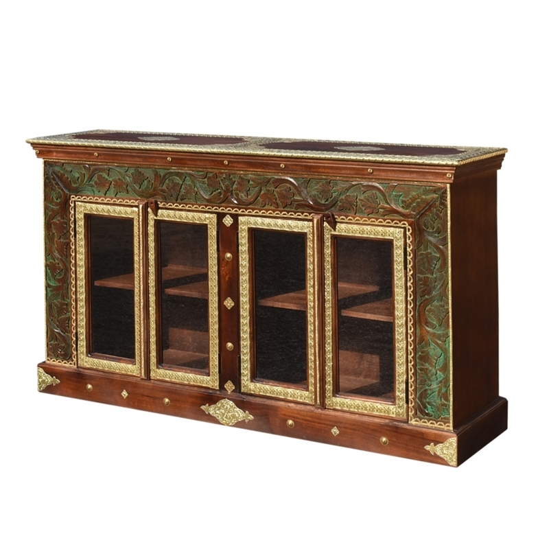 Buffet Cabinet Hand Carved Panels Brass Inlay Glass Traditional
