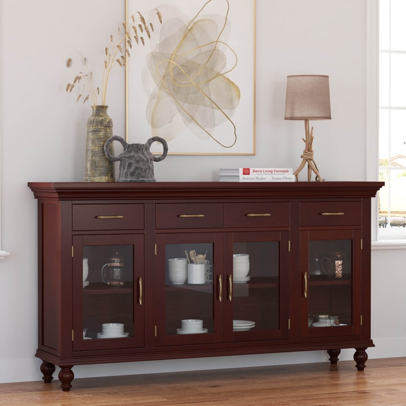 Buffet Cabinet: Hand-Carved Pilasters, Extra Long Mahogany Wood Design