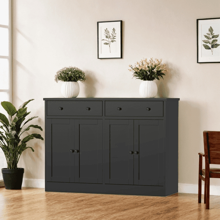 Buffet Cabinet Matte Black Finish Central Drawer Stack Linear Hardware