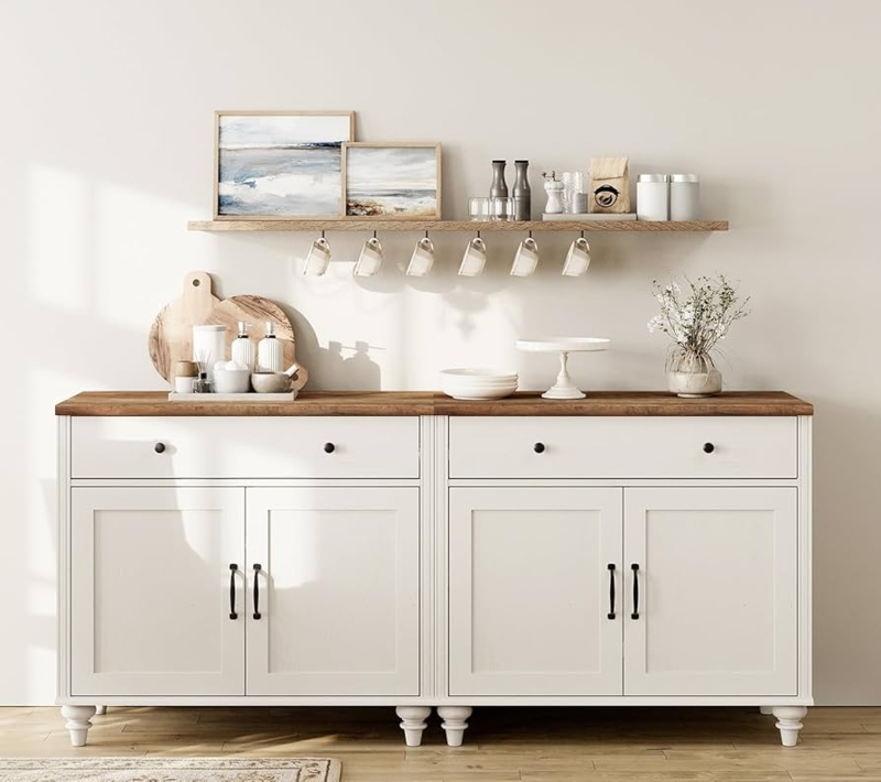 Buffet Cabinet Off-White Fluted Doors Gold Hardware Sideboard